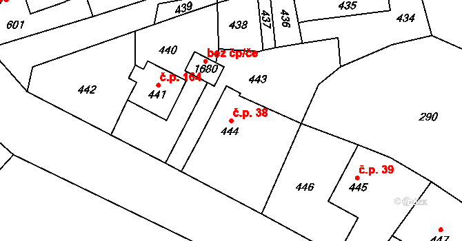 Žimrovice 38, Hradec nad Moravicí na parcele st. 444 v KÚ Žimrovice, Katastrální mapa