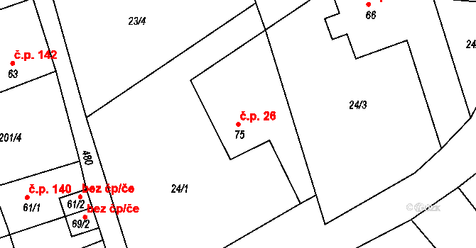 Raškov 26, Bohdíkov na parcele st. 75 v KÚ Raškov Dvůr, Katastrální mapa