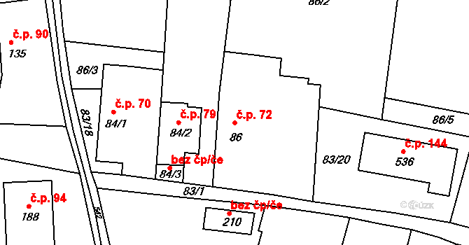 Krupá 72 na parcele st. 86 v KÚ Krupá u Kostelce nad Černými Lesy, Katastrální mapa