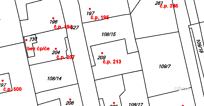 Rudná 213 na parcele st. 209 v KÚ Dušníky u Rudné, Katastrální mapa
