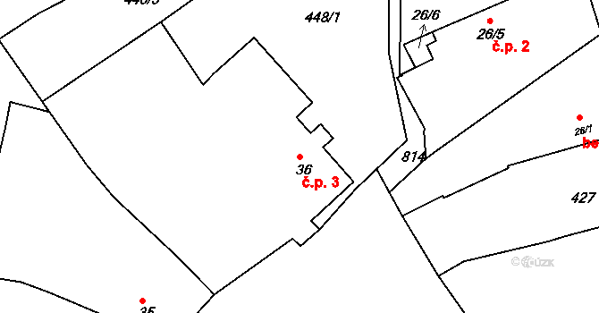 Rájov 3, Pňovany na parcele st. 36 v KÚ Dolany u Stříbra, Katastrální mapa