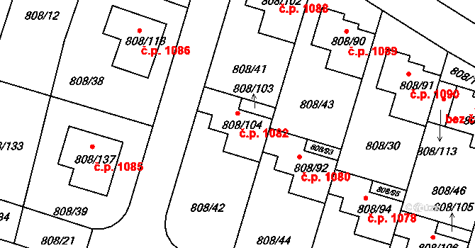 Srubec 1082 na parcele st. 808/104 v KÚ Srubec, Katastrální mapa