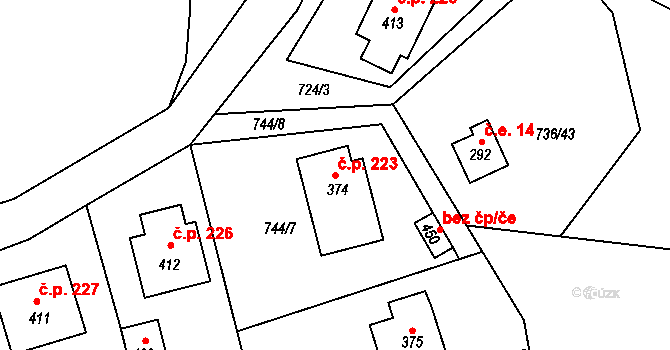 Rataje nad Sázavou 223 na parcele st. 374 v KÚ Rataje nad Sázavou, Katastrální mapa