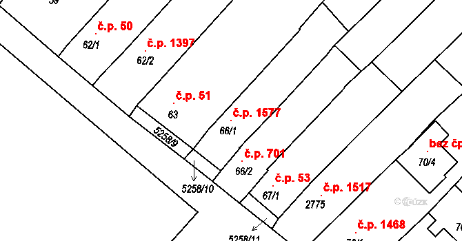 Velké Bílovice 1577 na parcele st. 66/1 v KÚ Velké Bílovice, Katastrální mapa