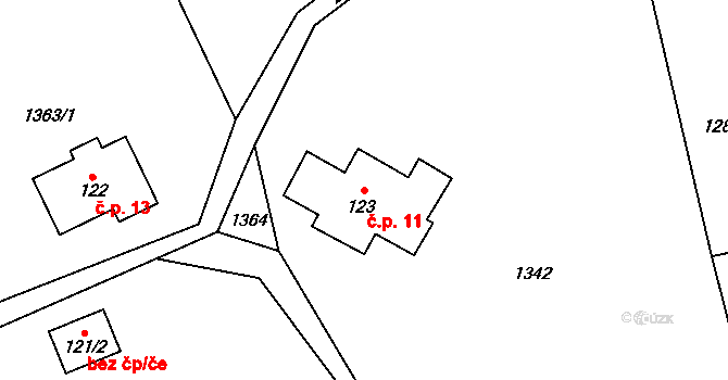 Kořenov 11 na parcele st. 123 v KÚ Polubný, Katastrální mapa