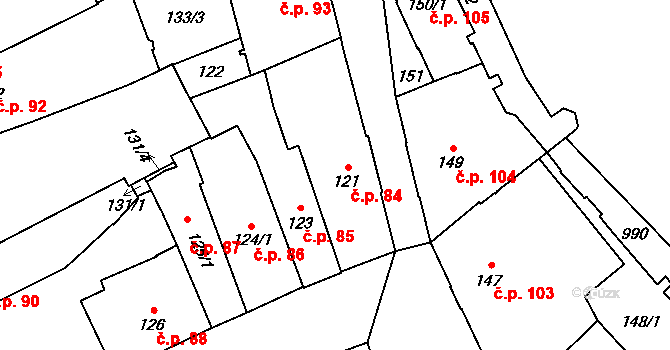 Jihlava 84 na parcele st. 121 v KÚ Jihlava, Katastrální mapa
