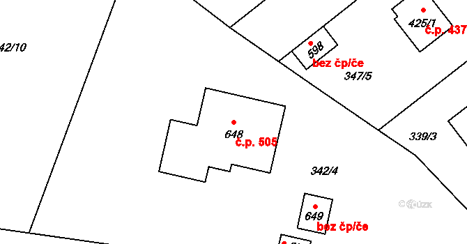 Zeleneč 505 na parcele st. 648 v KÚ Zeleneč, Katastrální mapa