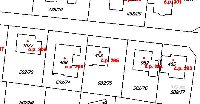 Zvole 295 na parcele st. 408 v KÚ Zvole u Prahy, Katastrální mapa