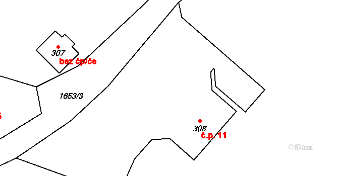 Bližší Lhota 11, Horní Planá na parcele st. 308 v KÚ Zvonková, Katastrální mapa