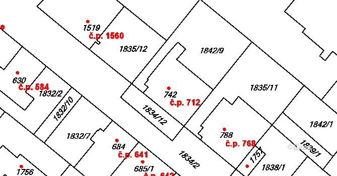 Tišnov 712 na parcele st. 742/1 v KÚ Tišnov, Katastrální mapa