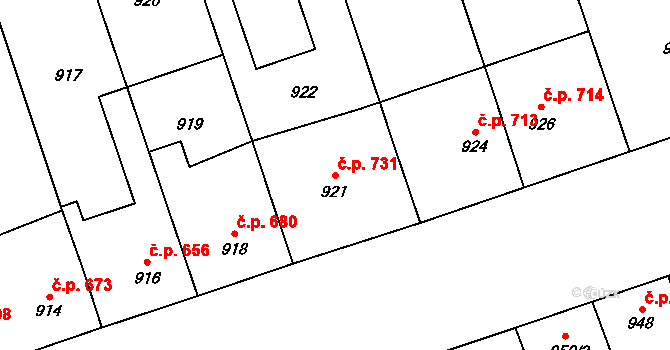 Lužice 731 na parcele st. 921 v KÚ Lužice u Hodonína, Katastrální mapa
