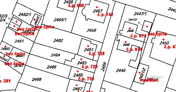 Rýmařov 728 na parcele st. 2461 v KÚ Rýmařov, Katastrální mapa