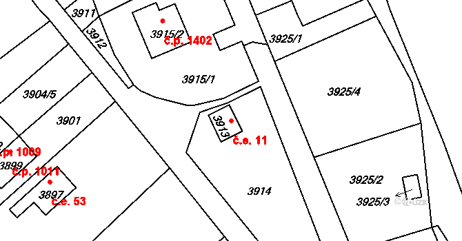 Úvaly 11 na parcele st. 3913 v KÚ Úvaly u Prahy, Katastrální mapa