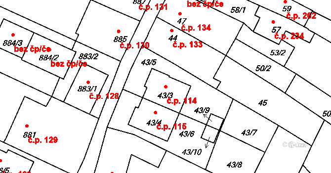 Dačice I 114, Dačice na parcele st. 43/3 v KÚ Dačice, Katastrální mapa