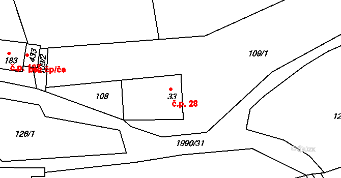 Kamenec u Poličky 28 na parcele st. 33 v KÚ Kamenec u Poličky, Katastrální mapa