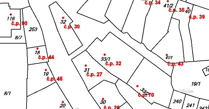 Tážaly 32, Kožušany-Tážaly na parcele st. 33/1 v KÚ Tážaly, Katastrální mapa