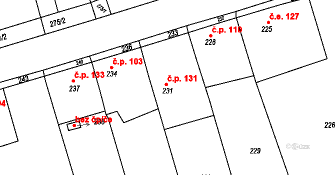 Mšecké Žehrovice 131 na parcele st. 231 v KÚ Mšecké Žehrovice, Katastrální mapa