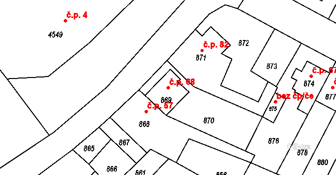 Mimoň V 68, Mimoň na parcele st. 869 v KÚ Mimoň, Katastrální mapa