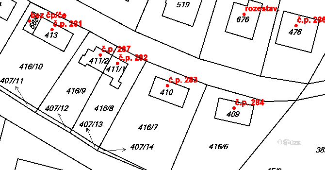 Poniklá 283 na parcele st. 410 v KÚ Poniklá, Katastrální mapa