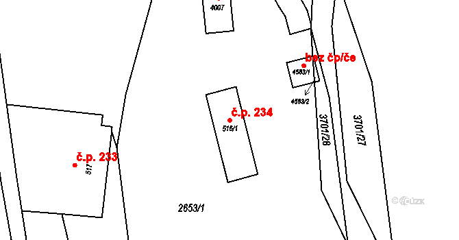 Rožnov pod Radhoštěm 234 na parcele st. 516/1 v KÚ Rožnov pod Radhoštěm, Katastrální mapa