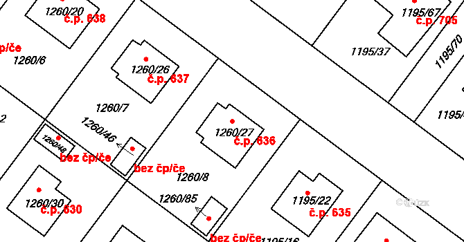 Březnice 636 na parcele st. 1260/27 v KÚ Březnice, Katastrální mapa