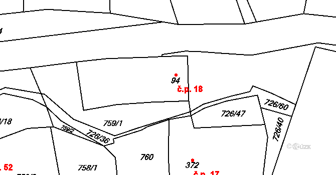 Semínova Lhota 18, Újezd pod Troskami na parcele st. 94 v KÚ Újezd pod Troskami, Katastrální mapa