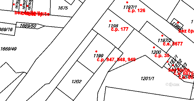 Klíše 947,948,949, Ústí nad Labem na parcele st. 1199 v KÚ Klíše, Katastrální mapa