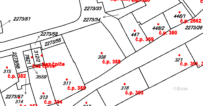 Cheb 358 na parcele st. 308 v KÚ Cheb, Katastrální mapa