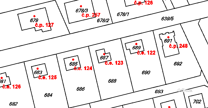 Točná 123, Praha na parcele st. 687 v KÚ Točná, Katastrální mapa