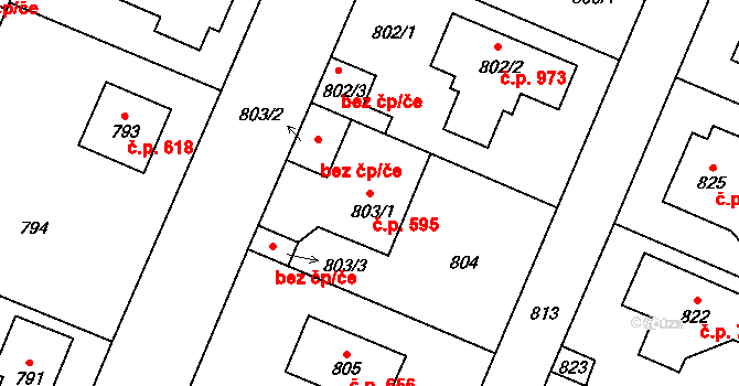Šeberov 595, Praha na parcele st. 803/1 v KÚ Šeberov, Katastrální mapa