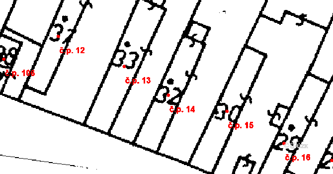 Radovesnice II 14 na parcele st. 32 v KÚ Radovesnice II, Katastrální mapa