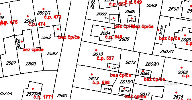 Jirkov 527 na parcele st. 2610 v KÚ Jirkov, Katastrální mapa