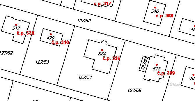 Měšice 326 na parcele st. 524 v KÚ Měšice u Prahy, Katastrální mapa