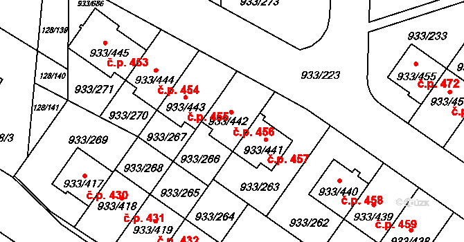 Satalice 456, Praha na parcele st. 933/442 v KÚ Satalice, Katastrální mapa