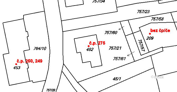 Košetice 275 na parcele st. 482 v KÚ Košetice, Katastrální mapa