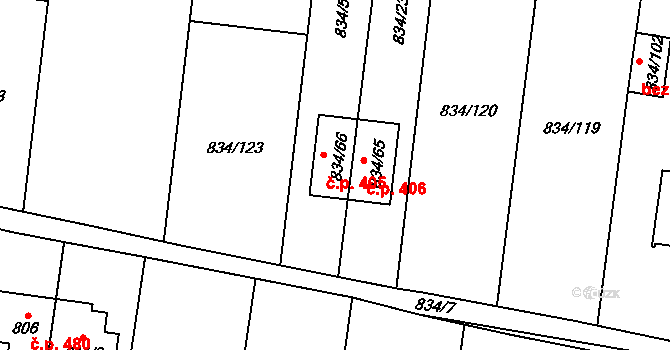 Rajhradice 405 na parcele st. 834/66 v KÚ Rajhradice, Katastrální mapa
