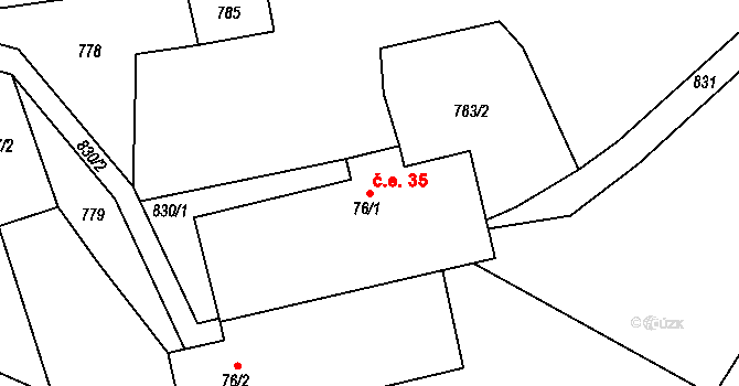 Dudín 35 na parcele st. 76/1 v KÚ Dudín, Katastrální mapa