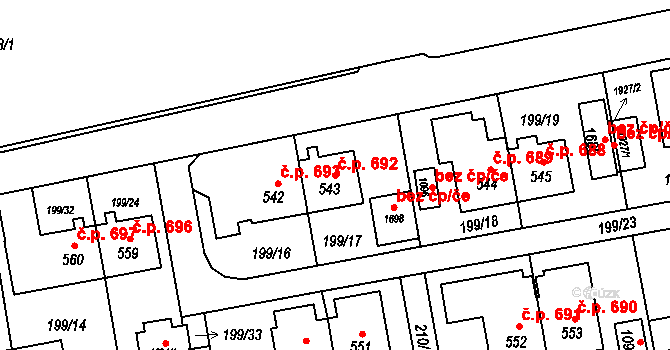 Hrabůvka 692, Ostrava na parcele st. 543 v KÚ Hrabůvka, Katastrální mapa