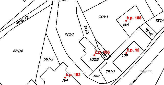 Trnava 166 na parcele st. 106/2 v KÚ Trnava u Zlína, Katastrální mapa