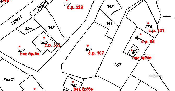 Štípa 107, Zlín na parcele st. 360 v KÚ Štípa, Katastrální mapa