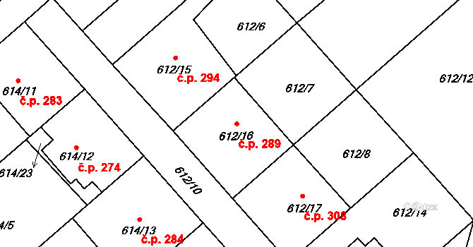 Šilheřovice 289 na parcele st. 612/16 v KÚ Šilheřovice, Katastrální mapa