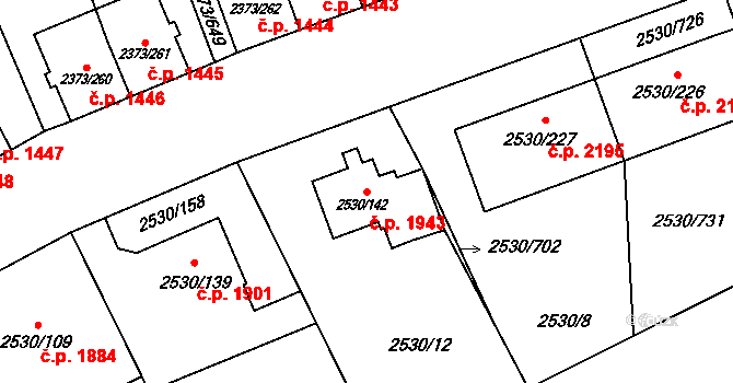 Předměstí 1943, Opava na parcele st. 2530/142 v KÚ Opava-Předměstí, Katastrální mapa