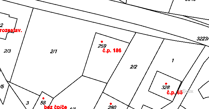 Podolí 186 na parcele st. 259 v KÚ Podolí nad Olšavou, Katastrální mapa