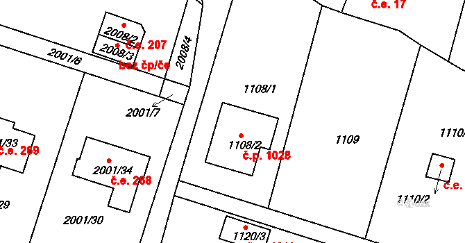 Nýřany 1028 na parcele st. 1108/2 v KÚ Nýřany, Katastrální mapa