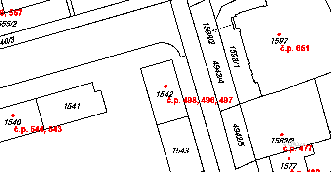 Litomyšlské Předměstí 496,497,498, Vysoké Mýto na parcele st. 1544 v KÚ Vysoké Mýto, Katastrální mapa