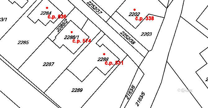 Rapotín 531 na parcele st. 2288 v KÚ Rapotín, Katastrální mapa