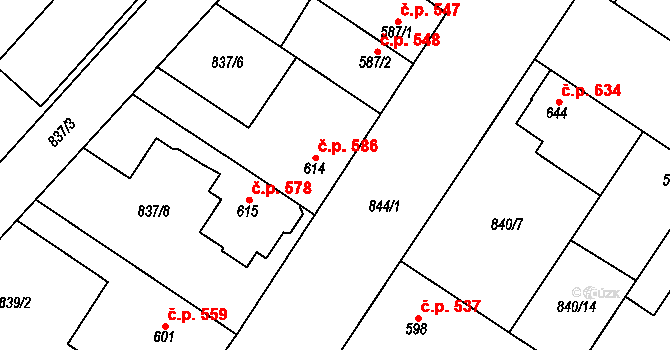 Kostelec nad Labem 586 na parcele st. 614 v KÚ Kostelec nad Labem, Katastrální mapa