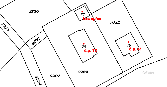 Mlýny 72 na parcele st. 78 v KÚ Mlýny u Choustníku, Katastrální mapa