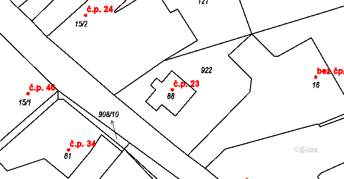 Mokrouše 23 na parcele st. 88 v KÚ Mokrouše, Katastrální mapa