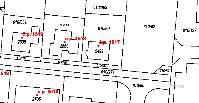Rosice 1517 na parcele st. 2499 v KÚ Rosice u Brna, Katastrální mapa